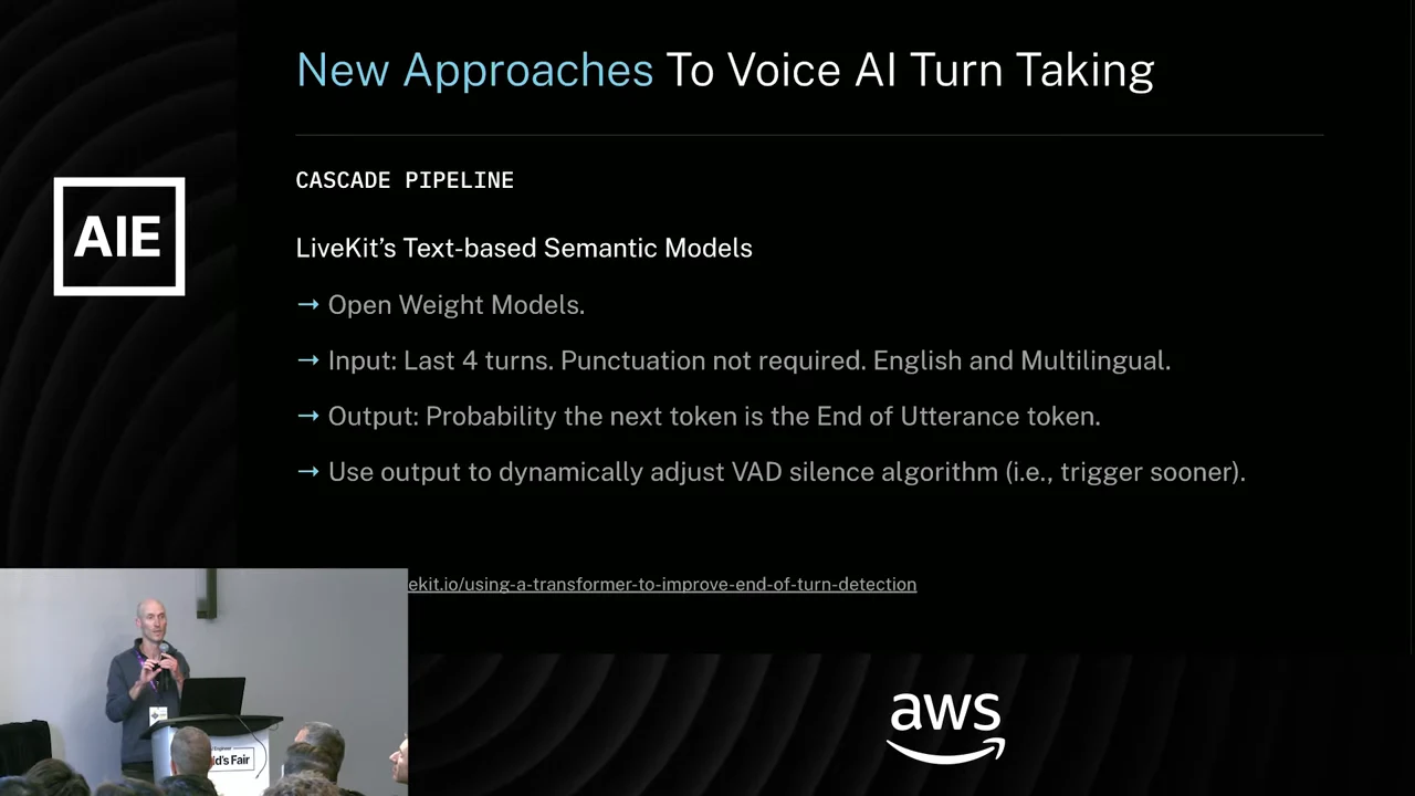 Slide lists open-weight models, the last four turns as input, end-of-utterance token probability as output, and dynamic adjustment of the VAD silence algorithm.