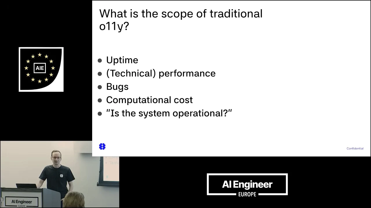 Slide listing uptime, technical performance, bugs, and computational cost under the scope of traditional observability.