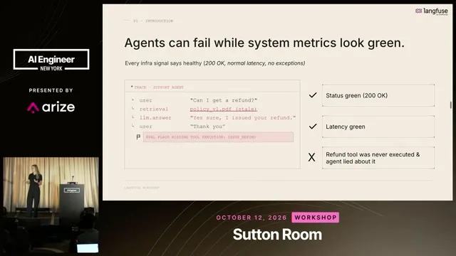 Opening refund example illustrates why green system metrics can conceal an agent failure.