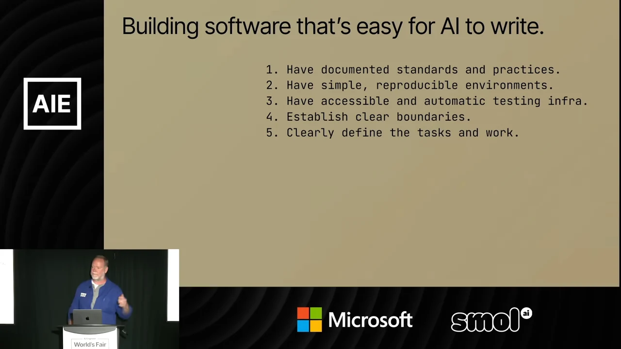 A slide lists documented standards, simple reproducible environments, accessible automatic testing infrastructure, clear boundaries, and clearly defined tasks and work.