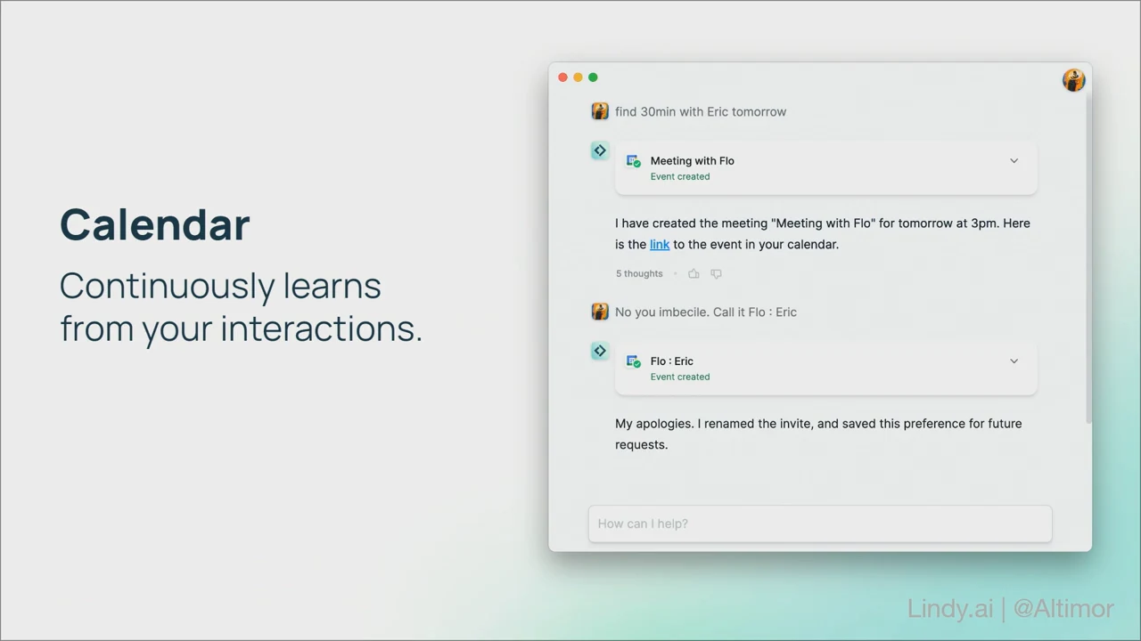Calendar slide showing the original “Meeting with Flo,” the user's naming correction, and Lindy's response confirming the renamed invite and saved preference.