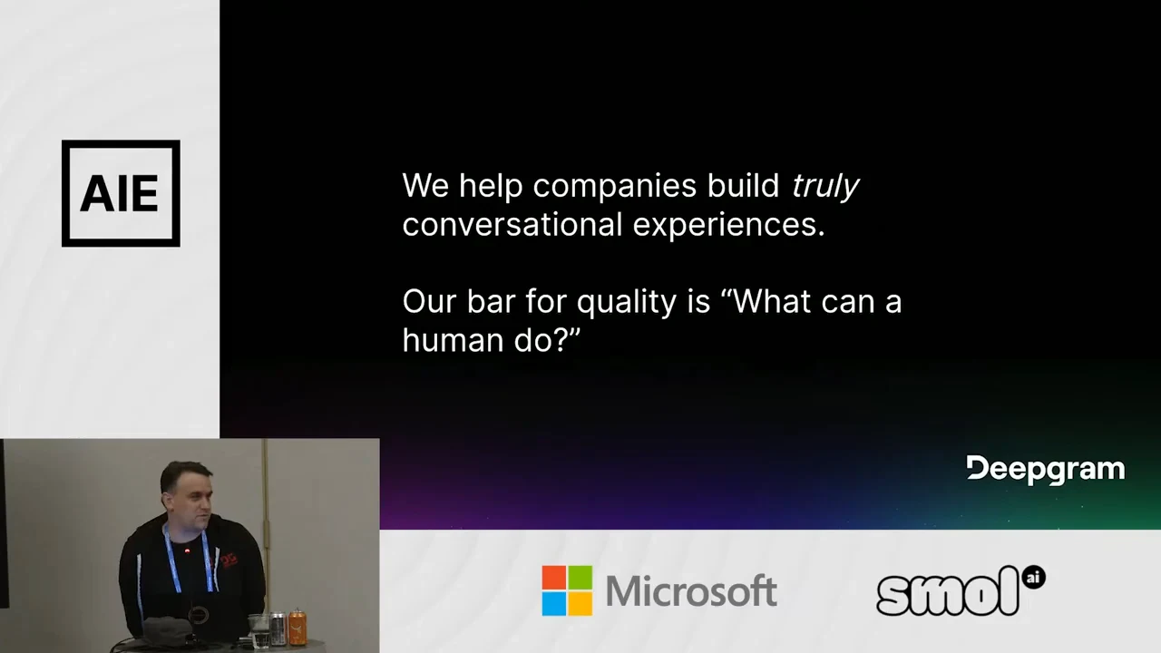 Deepgram slide stating that it helps companies build truly conversational experiences and asks, “What can a human do?” A speaker inset appears at lower left.
