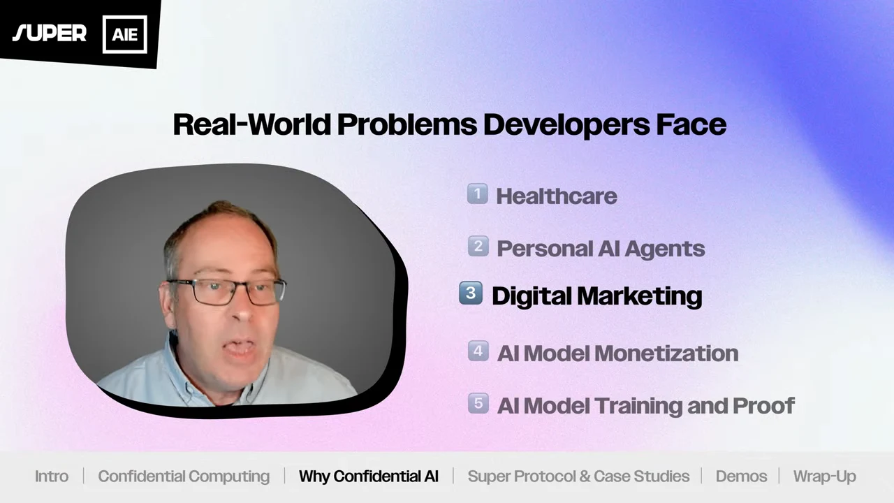 Presenter beside five use cases: Healthcare, Personal AI Agents, Digital Marketing, AI Model Monetization, and AI Model Training and Proof. Digital Marketing is emphasized.