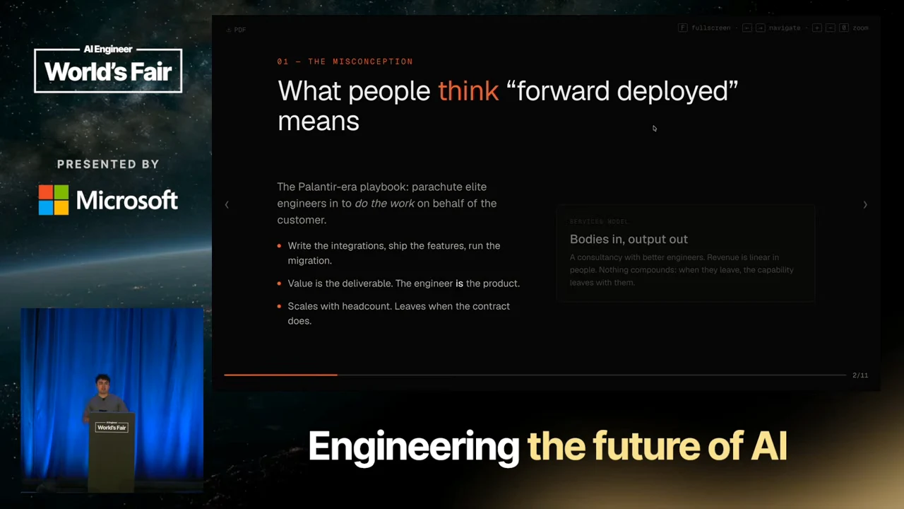 Slide titled “What people think ‘forward deployed’ means,” with three bullets about customer work and a services-model box labeled “Bodies in, output out.”