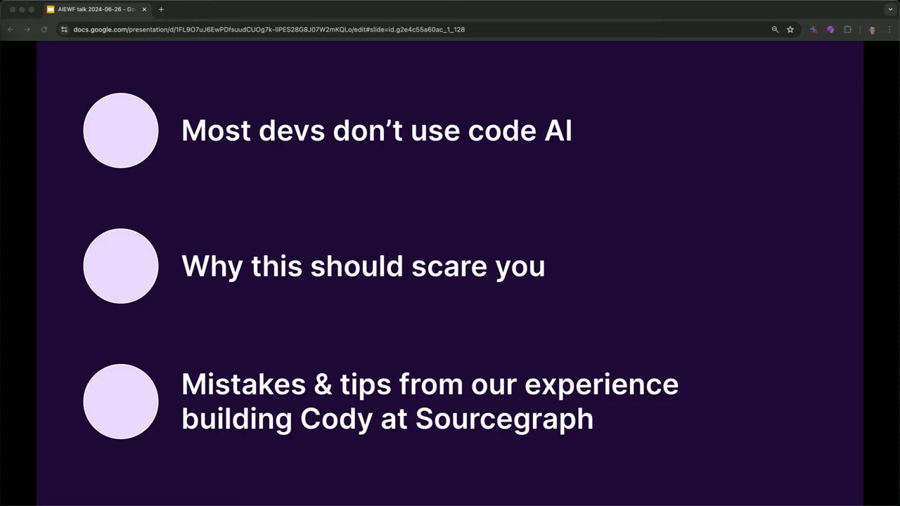 Purple slide listing three topics: most developers don’t use code AI, why this should scare you, and mistakes and tips from building Cody at Sourcegraph.