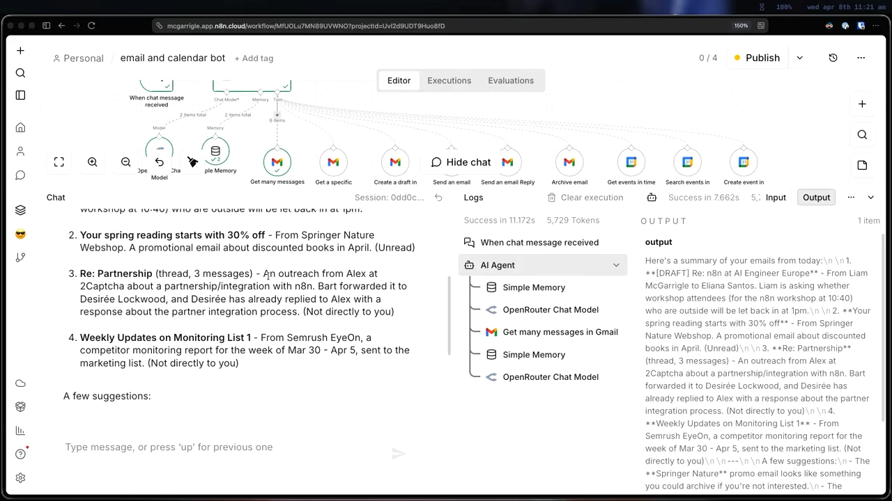 n8n chat displays an email summary beside an execution tree including Get many messages in Gmail and an output panel.