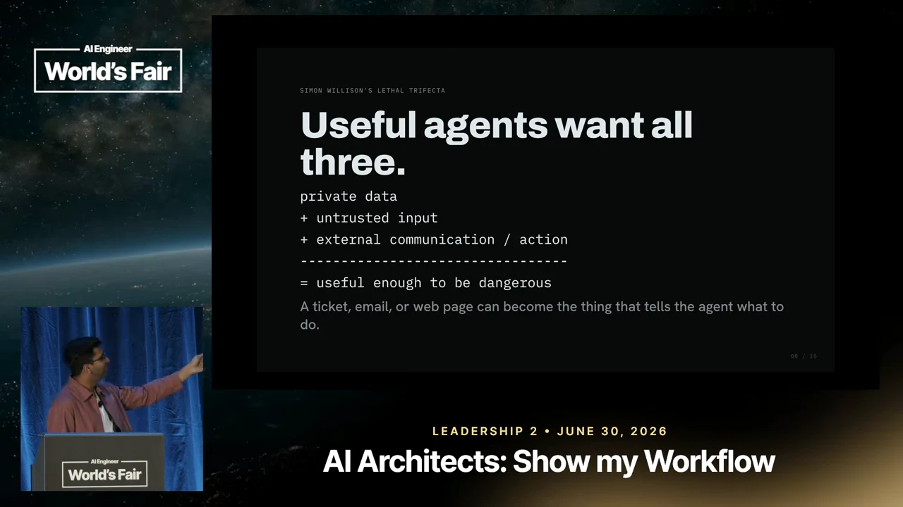 Slide titled “Useful agents want all three” lists private data, untrusted input and external communication / action above “useful enough to be dangerous.”