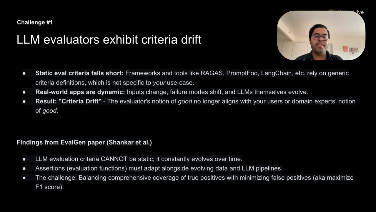 Slide titled “LLM evaluators exhibit criteria drift,” with bullets on static criteria, changing applications, and findings from the EvalGen paper.