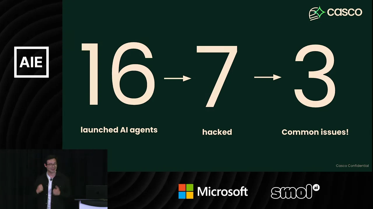 Slide showing 16 → 7 → 3, labeled launched AI agents, hacked, and Common issues.