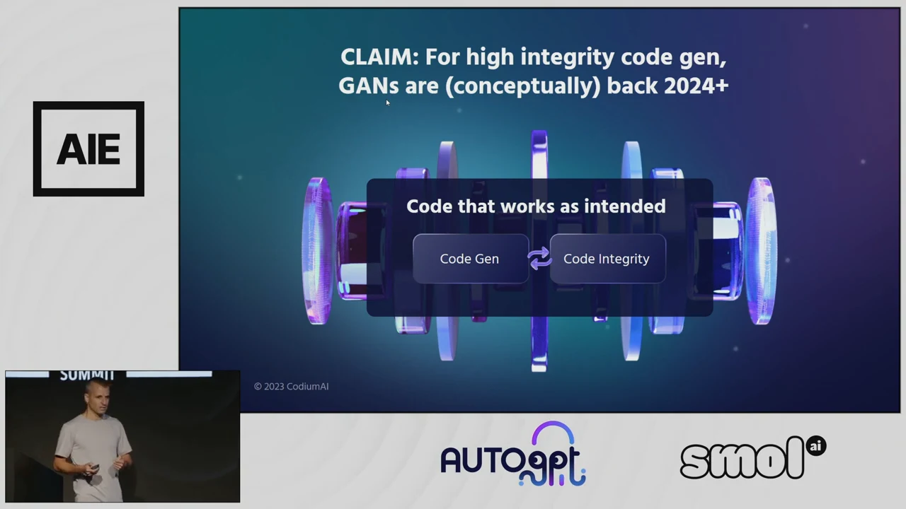 Slide connecting Code Gen and Code Integrity with paired arrows beneath the heading Code that works as intended.