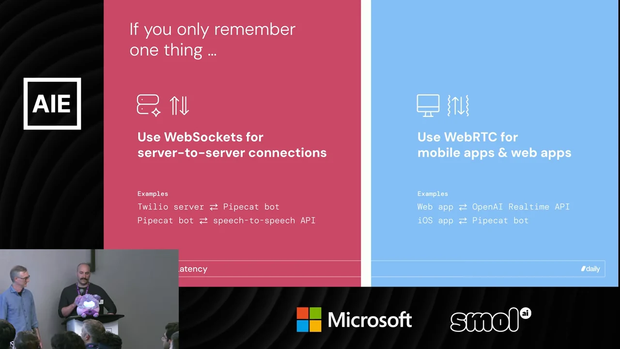 Red and blue panels recommend WebSockets for server-to-server connections and WebRTC for mobile apps and web apps, with examples beneath each.