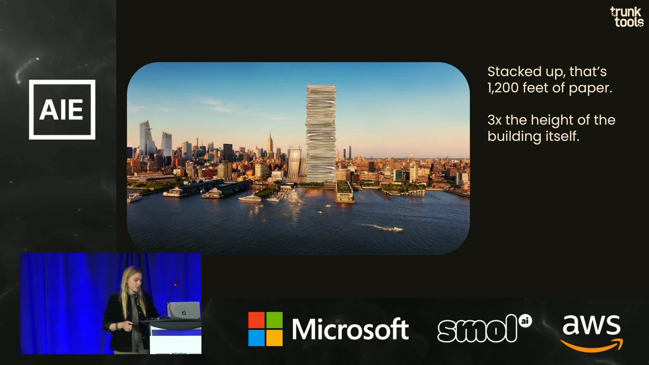 A paper stack towers over a waterfront skyline beside text stating “1,200 feet of paper” and “3x the height of the building itself.”