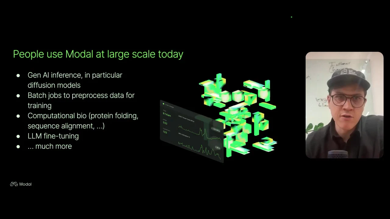 Slide titled “People use Modal at large scale today” lists workloads beside a green infrastructure illustration and the speaker’s video.