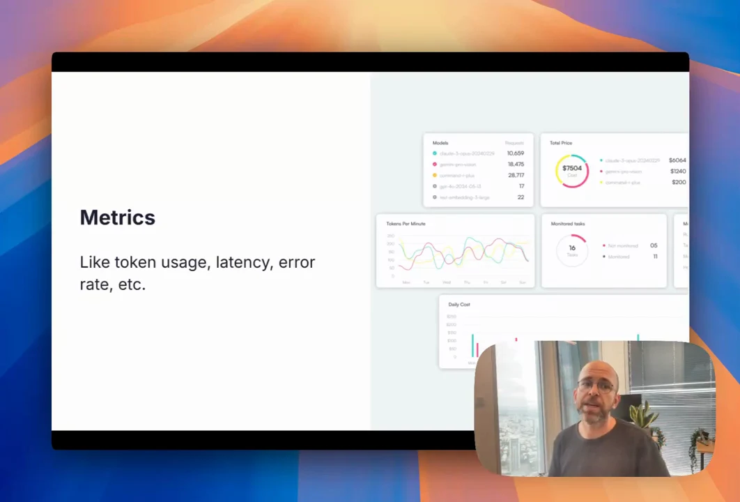 Metrics slide listing token usage, latency, and error rate beside dashboard charts, with the speaker inset at lower right.
