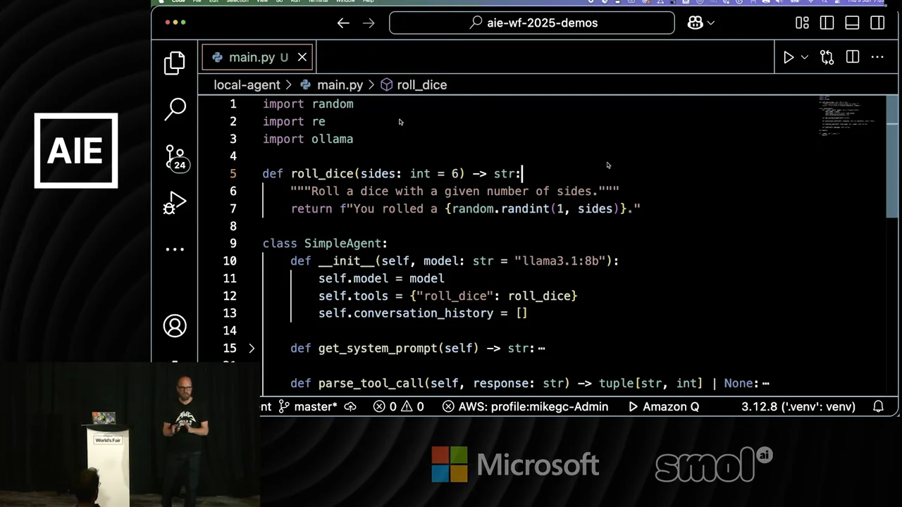 VS Code showing main.py with random, re and ollama imports, a roll_dice function, and SimpleAgent initialization.