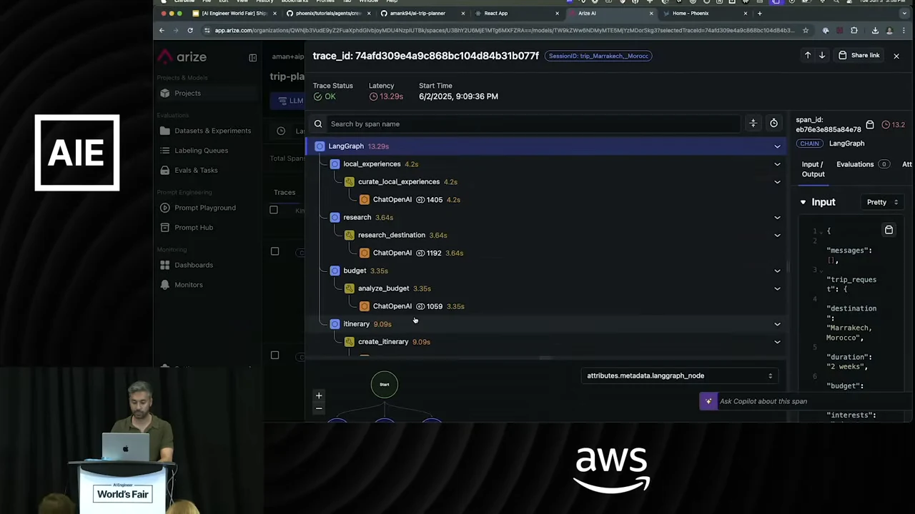 Arize trace view showing an expanded hierarchy of agent actions and model calls, with request input on the right.