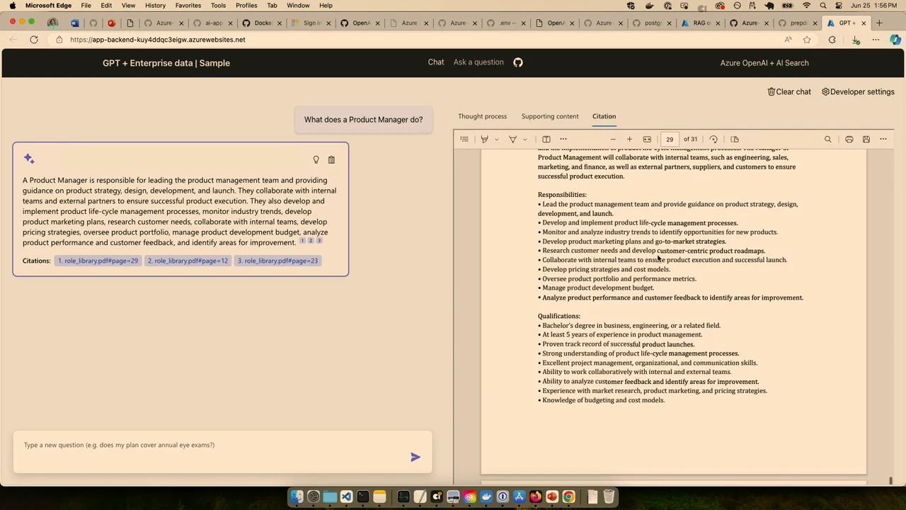 Answer to “What does a Product Manager do?” with citation links on the left and a PDF page of responsibilities and qualifications on the right.