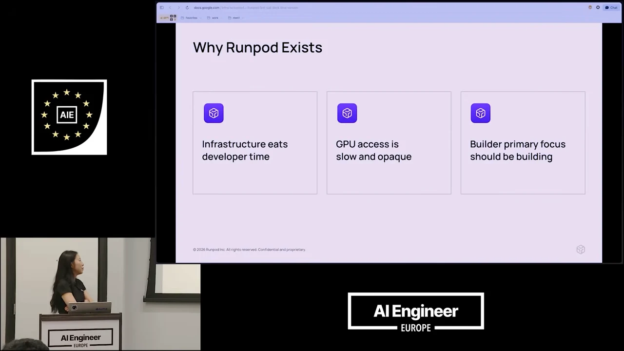 Slide titled “Why Runpod Exists” with three cards about developer time, slow and opaque GPU access, and focusing on building.