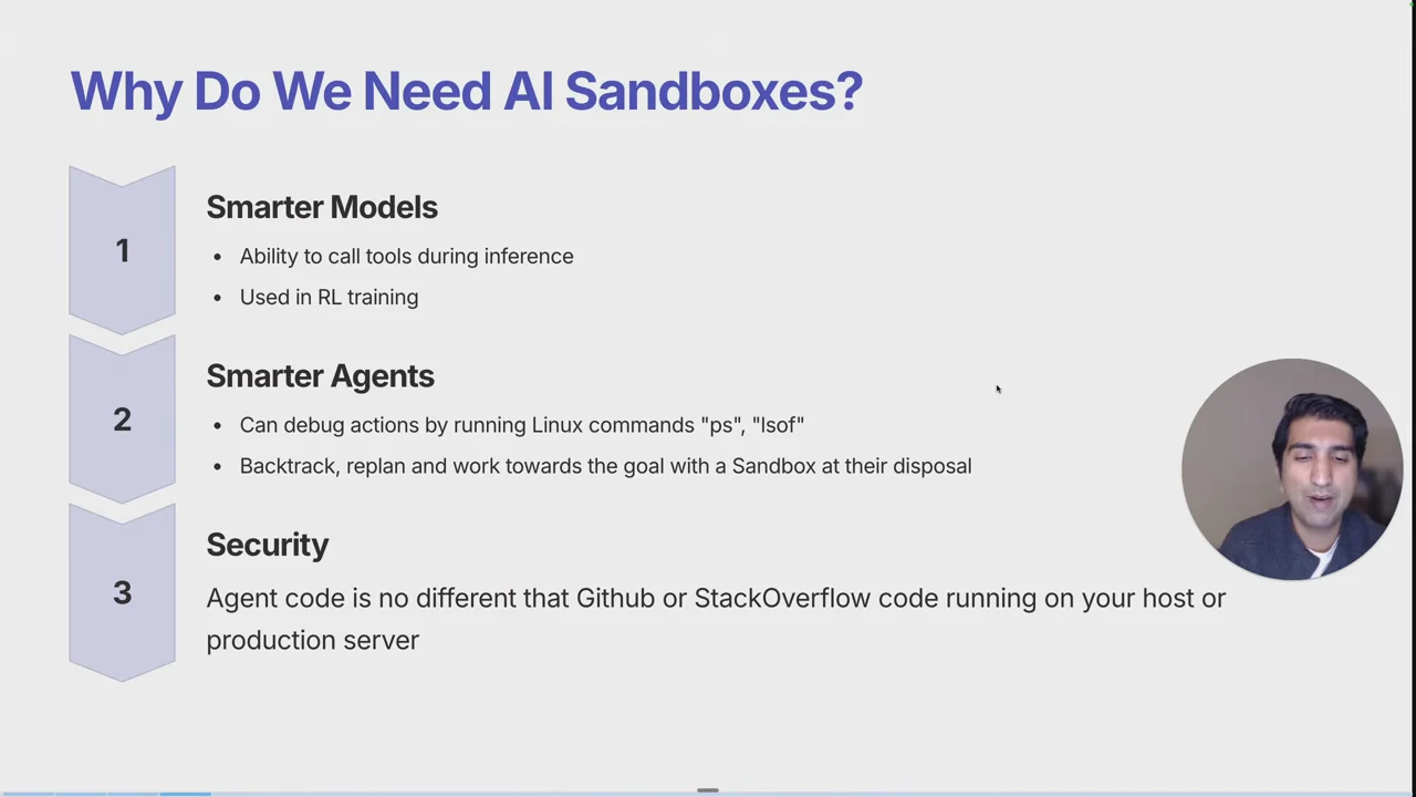 Slide listing three reasons for AI sandboxes: smarter models, smarter agents, and security, with supporting bullets.