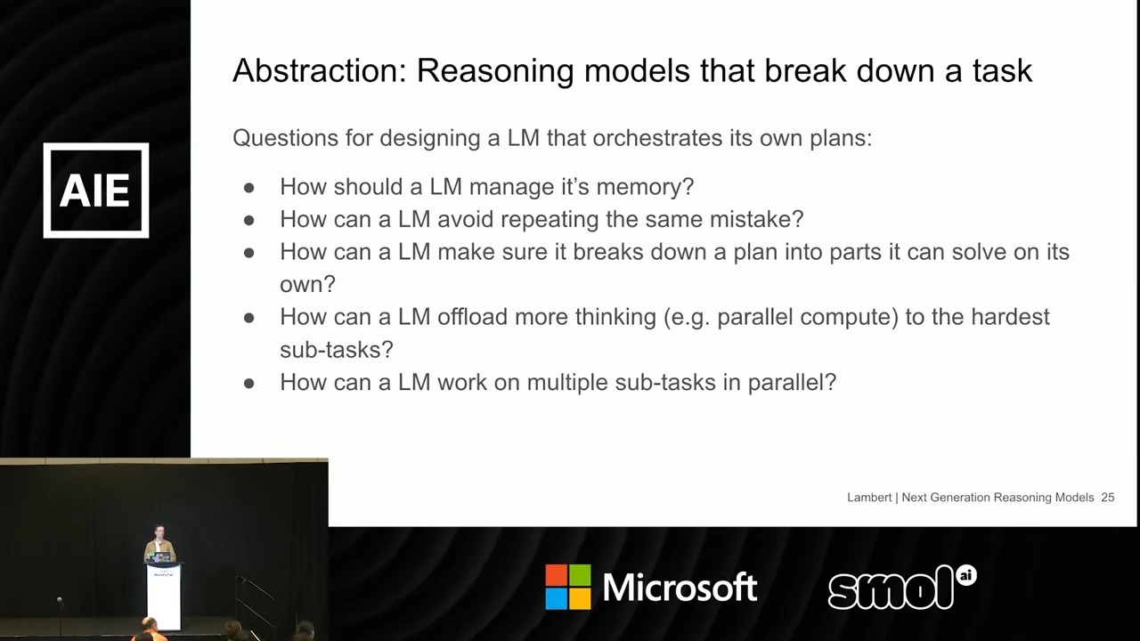 Slide titled “Abstraction: Reasoning models that break down a task,” listing five questions about managing memory, avoiding repeated mistakes, decomposing plans, allocating thinking to difficult subtasks, and working in parallel.