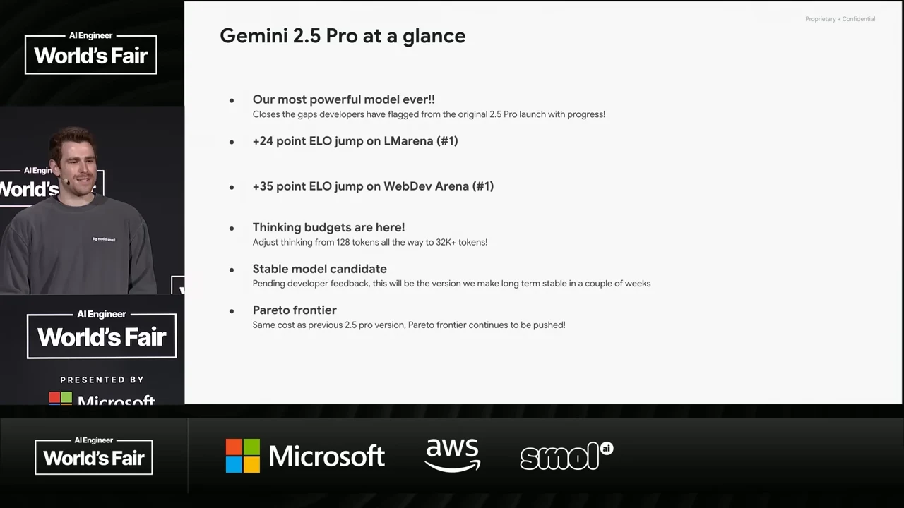 Slide beside the speaker lists Gemini 2.5 Pro highlights, including LMArena and WebDev Arena gains, thinking budgets, a stable model candidate, and the Pareto frontier.
