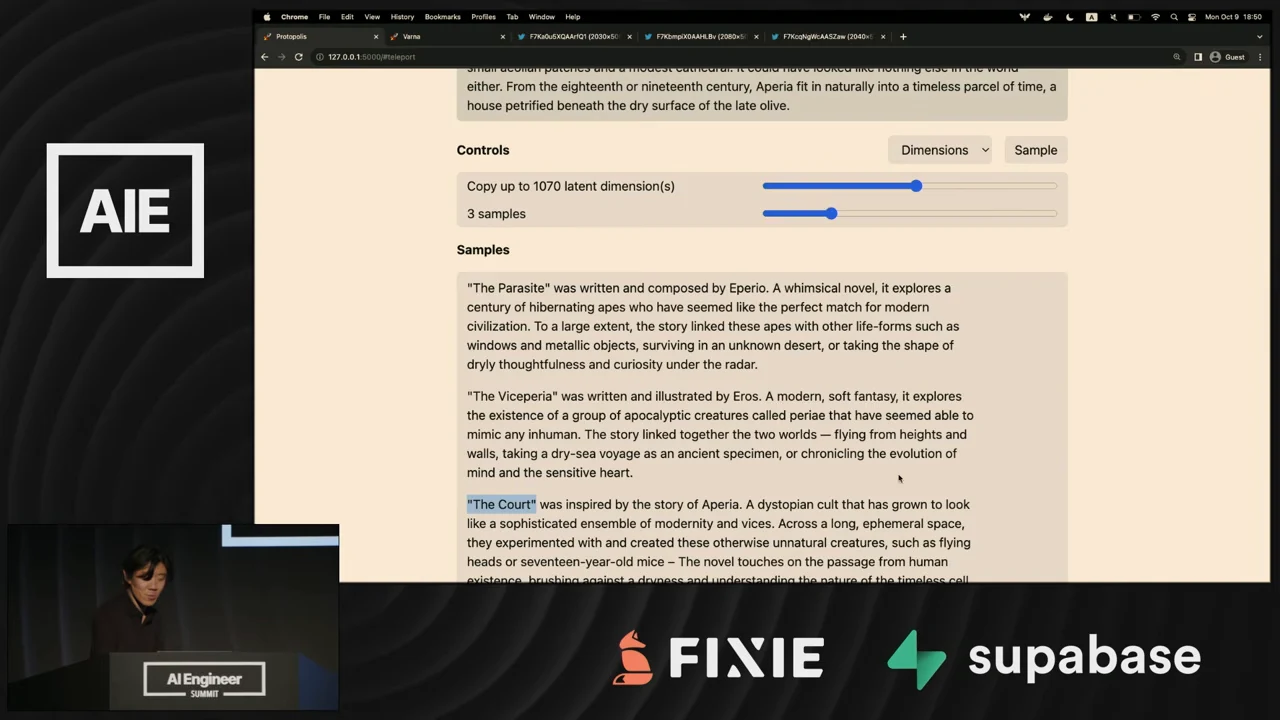 Browser demo shows dimension and sample sliders above generated paragraphs beginning with quoted titles, including The Parasite and The Viceperia.