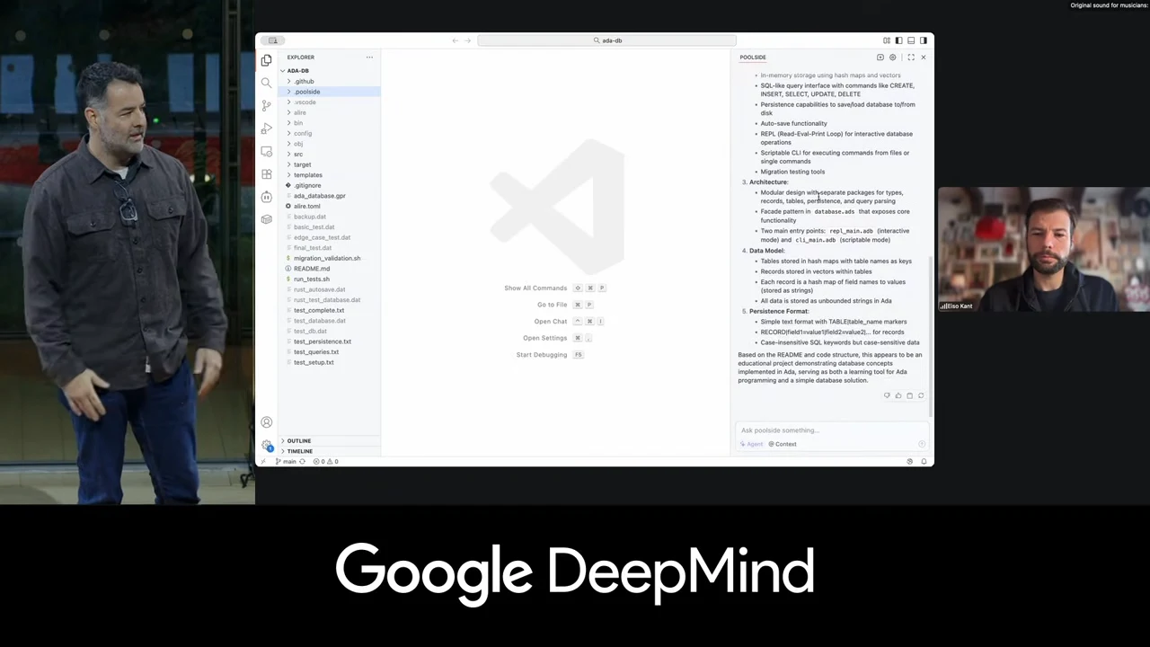 Visual Studio Code shows a project tree and a structured assistant response, alongside the onstage presenter and remote participant.