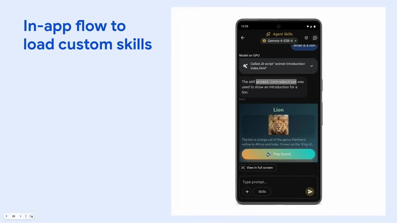 Phone chat shows an animal-introduction script call and a Lion card with a photograph, description, and Play Sound button.