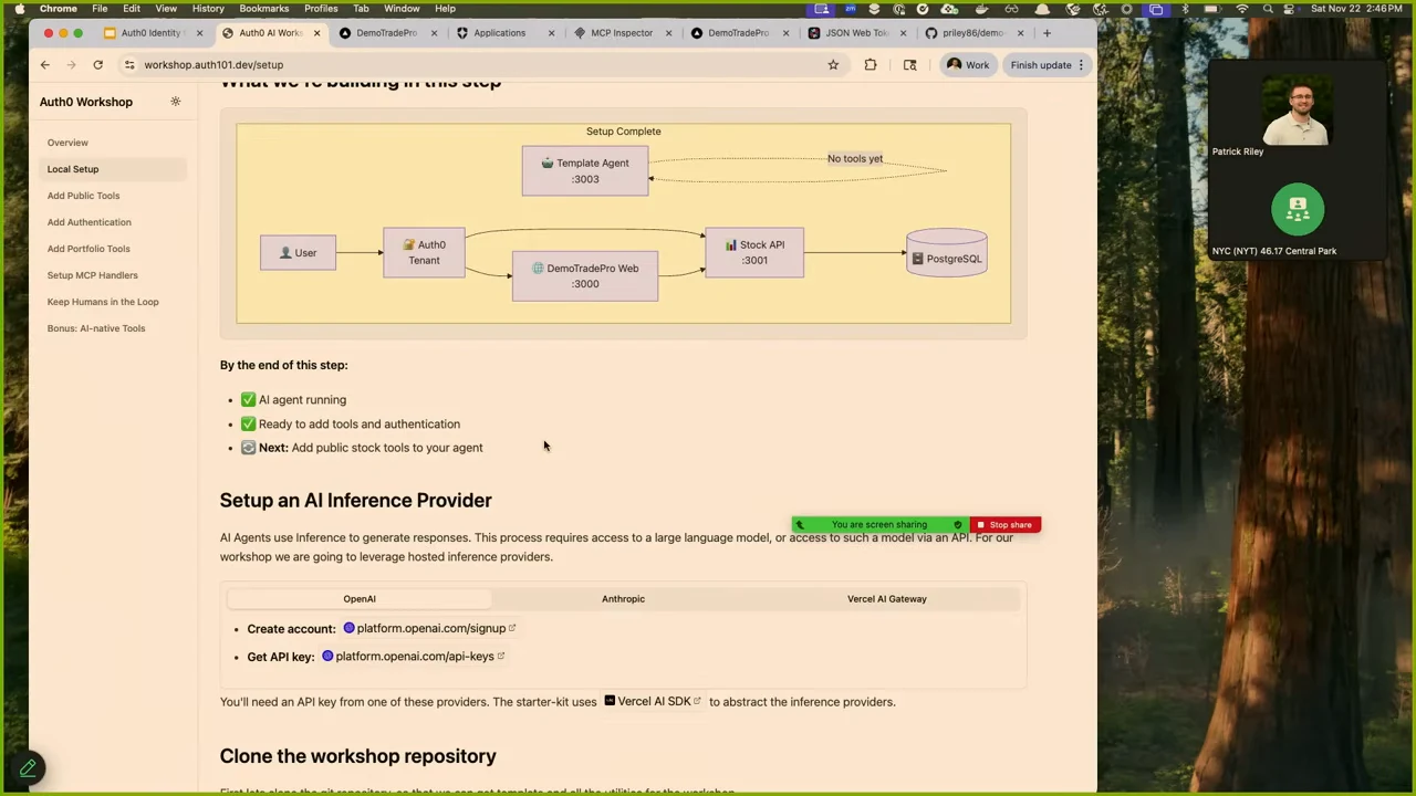 Documentation shows a template agent with no tools yet, alongside a user, Auth0 tenant, DemoTradePro web application, stock API, and PostgreSQL.