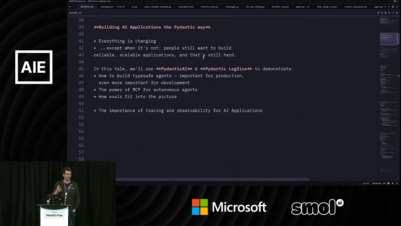 Editor showing the complete “Building AI Applications the Pydantic way” outline, with the presenter inset below.