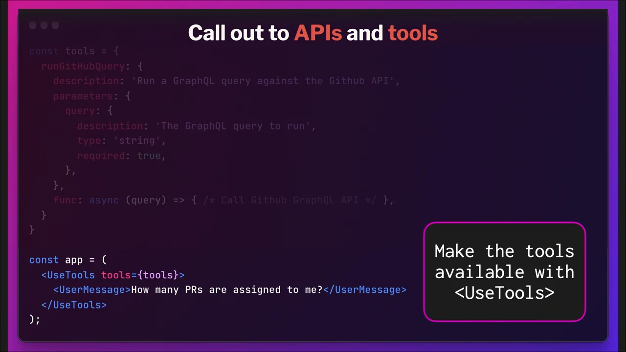 Code slide titled Call out to APIs and tools, with the tool definition dimmed and the UseTools application snippet highlighted.