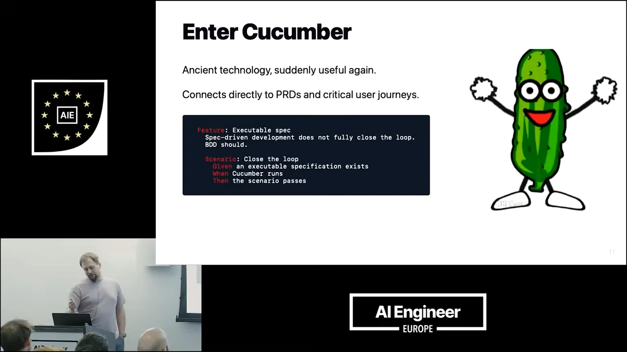 Enter Cucumber slide with a Feature and Given/When/Then scenario example, text linking scenarios to PRDs and critical user journeys, and a cartoon cucumber.