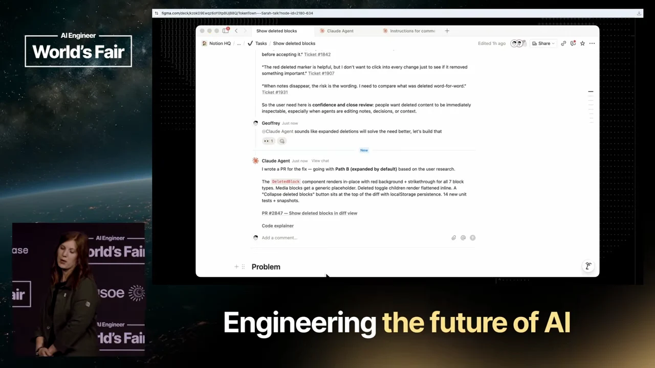A Notion discussion shows customer research, a human instruction to build, and a Claude Agent reply with a pull-request link and Code explainer link.