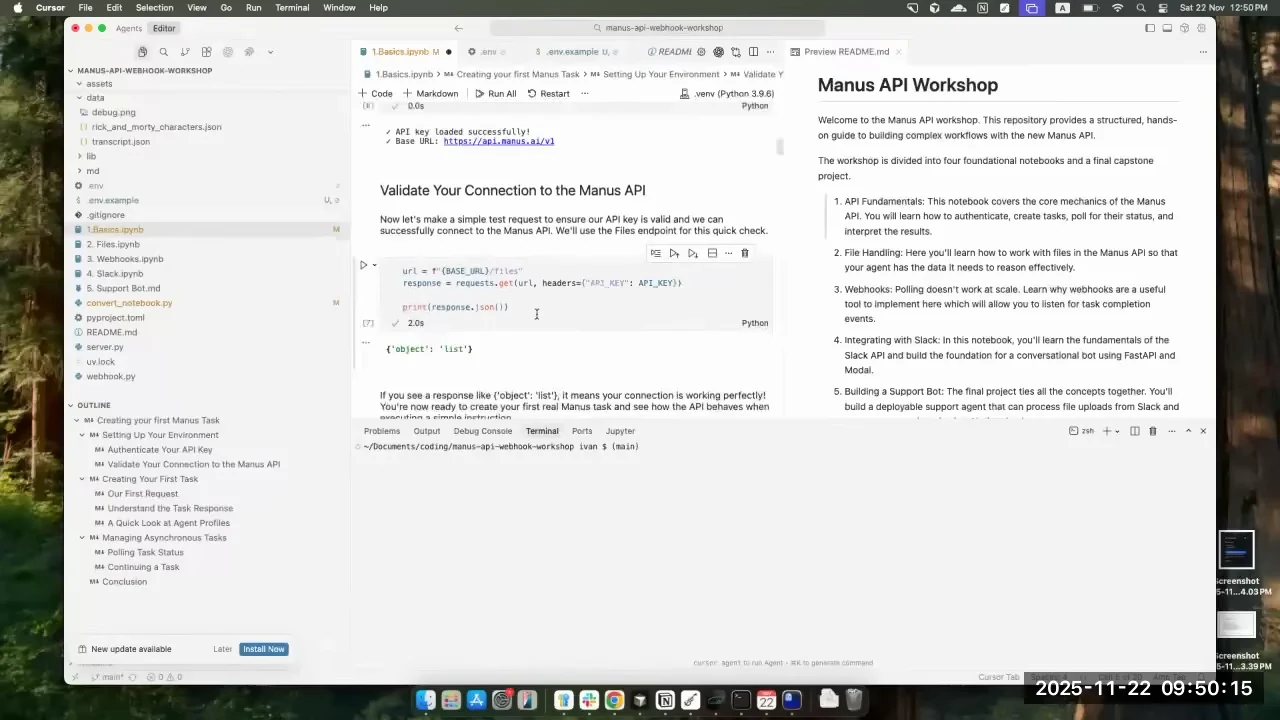 Notebook showing a connection-validation request and its list-object response beside the Manus API Workshop README.