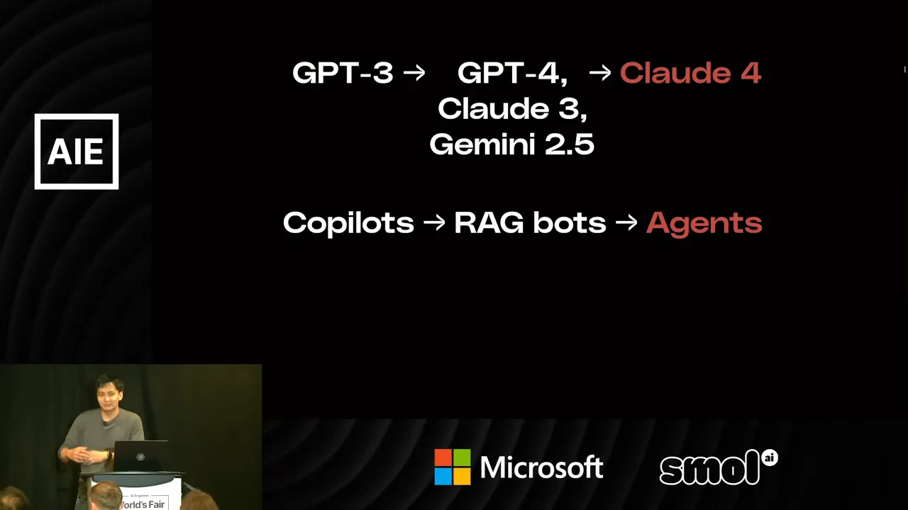Two sequences connect GPT-3, GPT-4, Claude 3, Gemini 2.5 and Claude 4 above “Copilots → RAG bots → Agents.”
