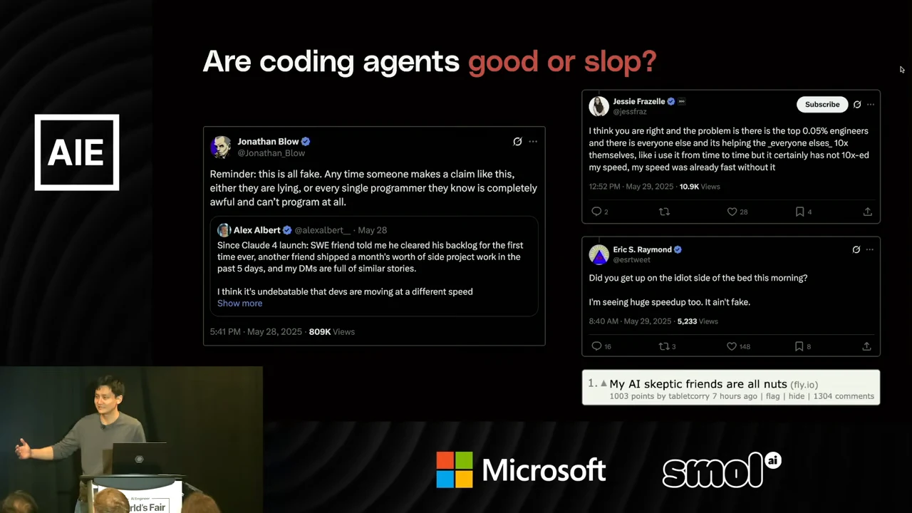 Slide juxtaposing posts by Jonathan Blow, Jessie Frazelle and Eric S. Raymond with the headline “My AI skeptic friends are all nuts.”