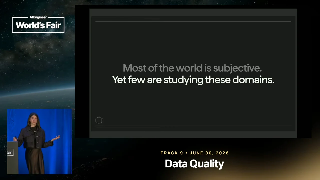 Dark slide reading “Most of the world is subjective. Yet few are studying these domains.” with the speaker inset at lower left.