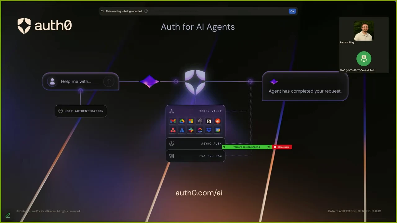 Auth0 diagram connecting a user request through authentication and a token vault to a completed agent request.