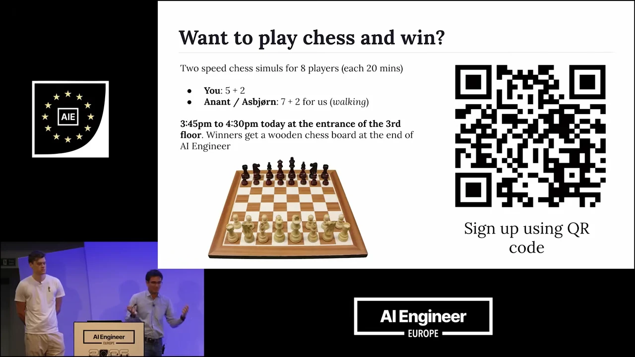 “Want to play chess and win?” slide advertising two speed chess simuls for eight players each, 3:45pm to 4:30pm at the third-floor entrance, with a chess-set image and signup QR code.