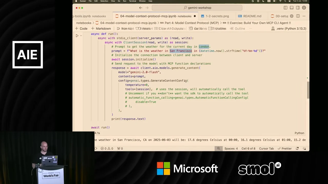 Notebook showing an MCP client session, a model request and a weather response along the bottom.