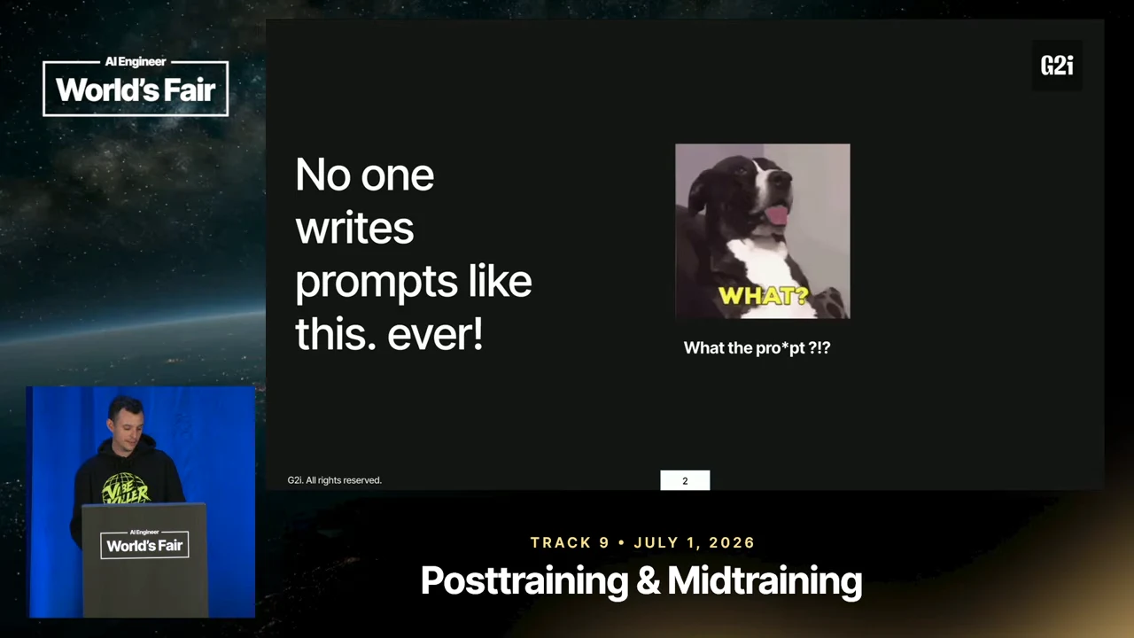 Slide stating “No one writes prompts like this. ever!” beside a dog reaction image labeled “WHAT?”