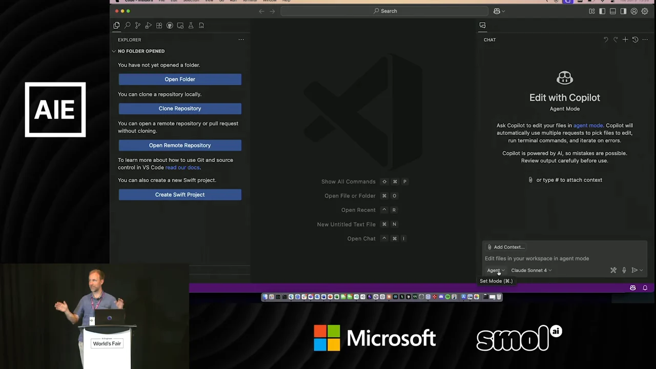 VS Code shows no folder open in the Explorer, an empty editor, and the Edit with Copilot panel with Agent and Claude Sonnet 4 selected.