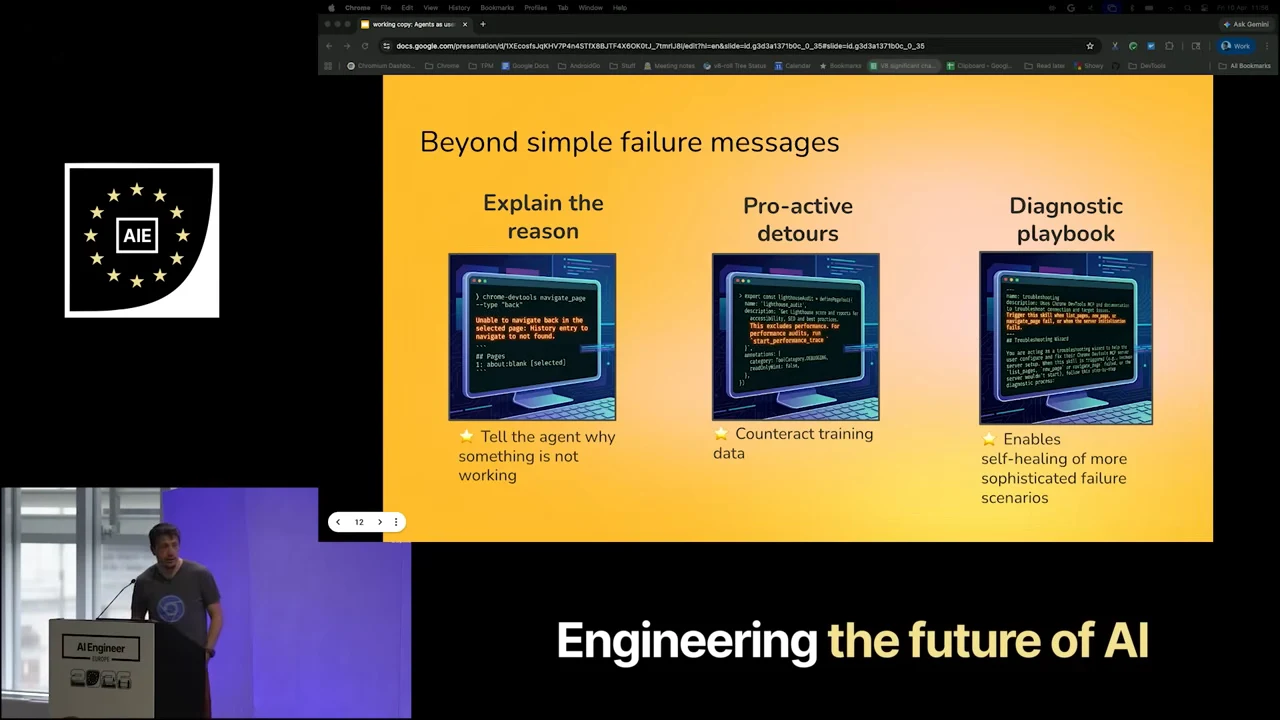 “Beyond simple failure messages” slide with three columns, each containing a heading, terminal illustration, and short explanation.