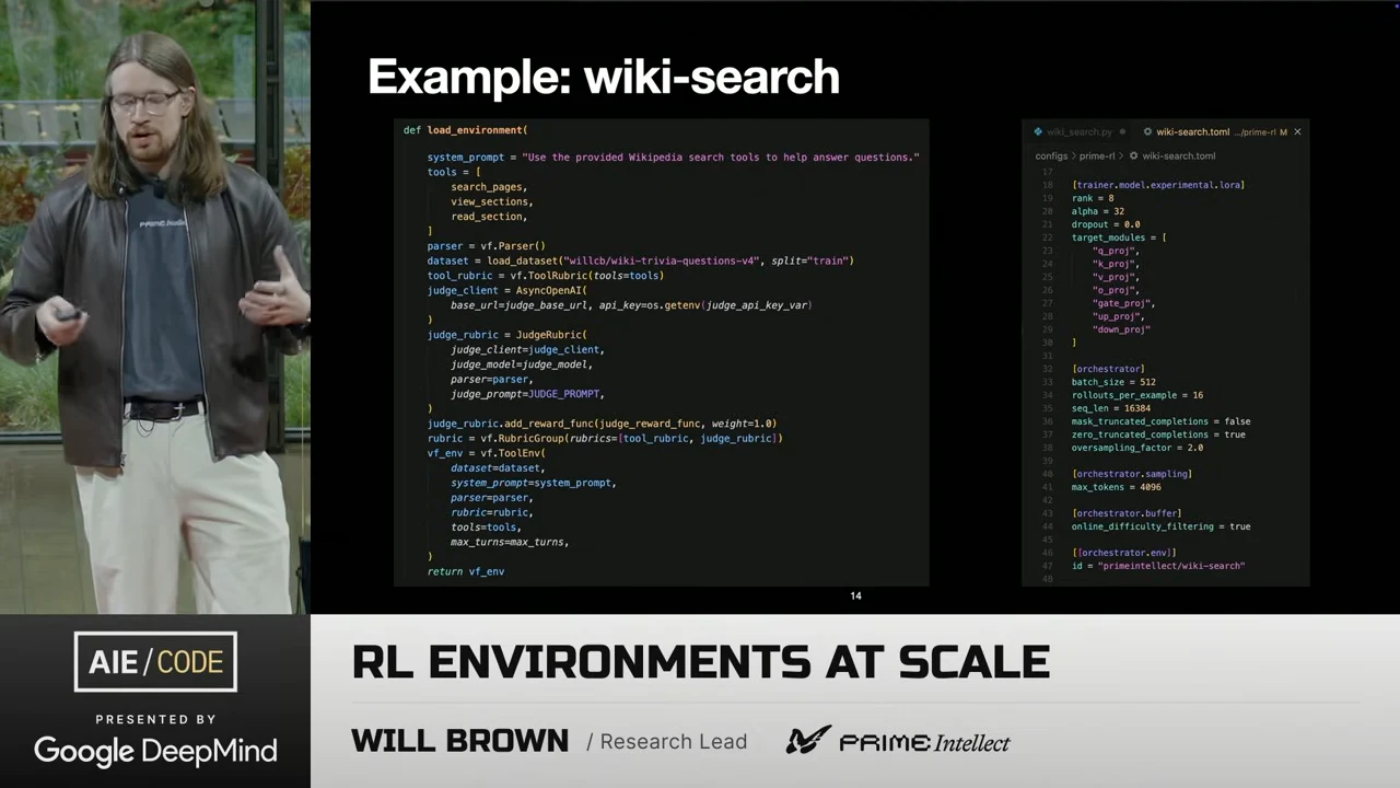 The Example: wiki-search slide shows Python environment code on the left and a training configuration on the right.