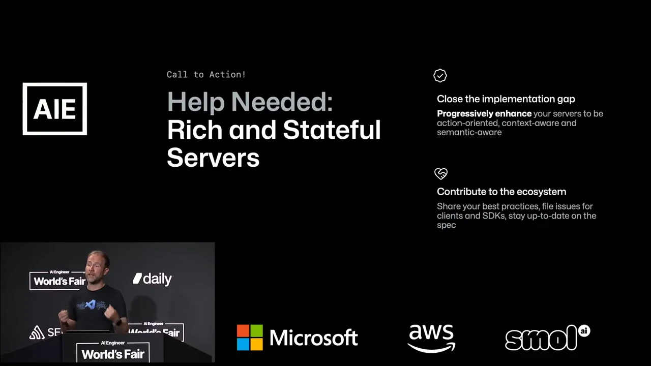 Help Needed: Rich and Stateful Servers slide calling for progressive enhancement, sharing best practices, filing client and SDK issues, and staying current with the spec.
