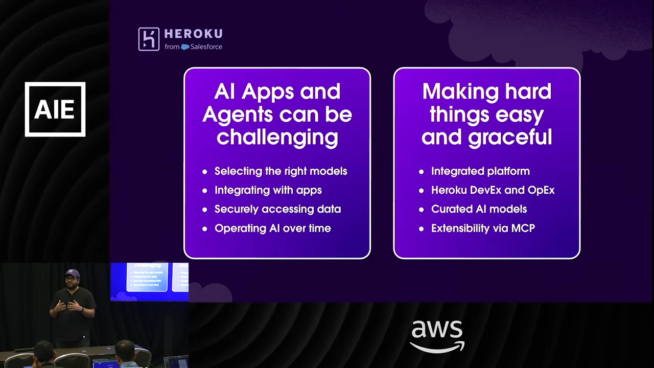 Two columns list model selection, app integration, secure data access and ongoing operation alongside an integrated platform, Heroku DevEx and OpEx, curated AI models and MCP extensibility.