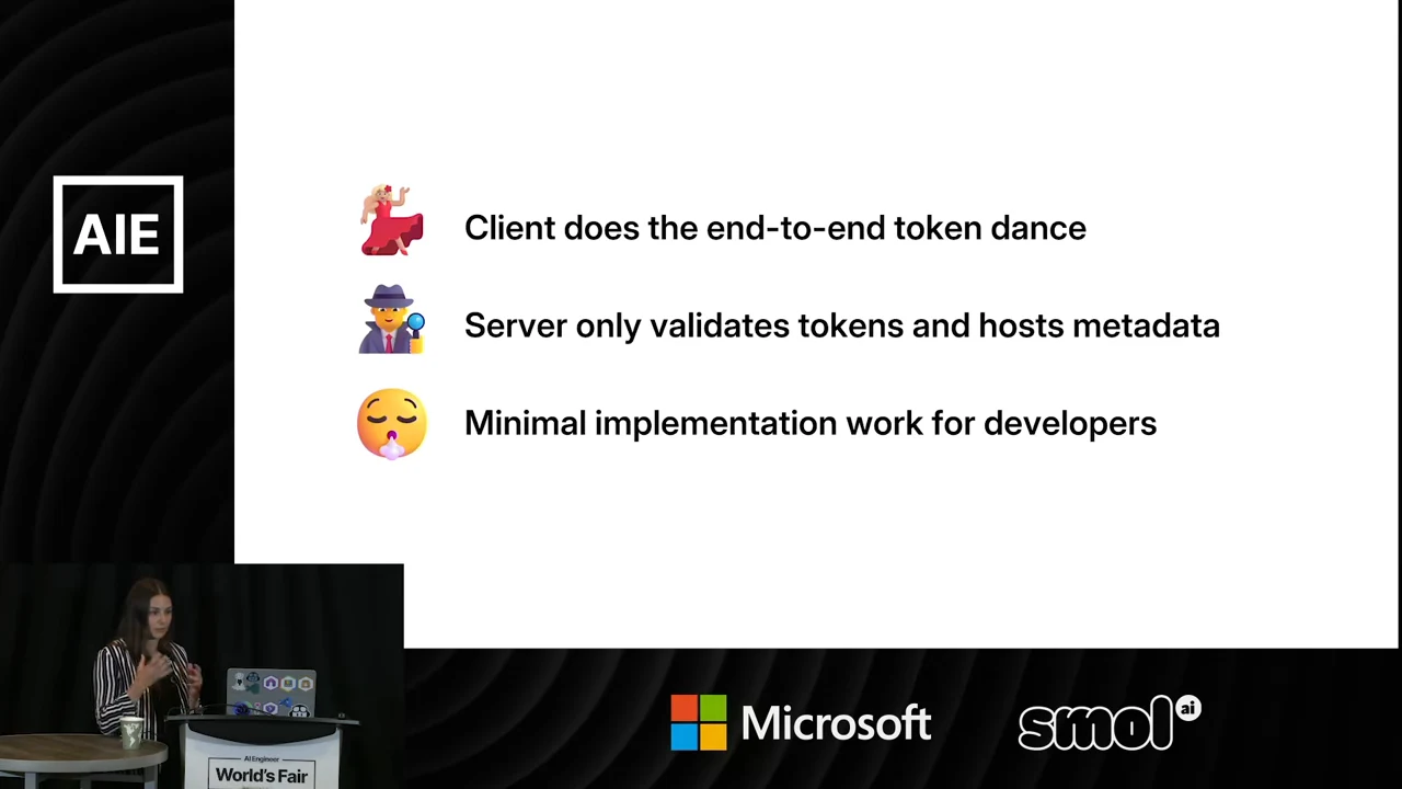 Three emoji-marked statements describe the client's end-to-end token dance, server token validation and metadata hosting, and minimal implementation work for developers.