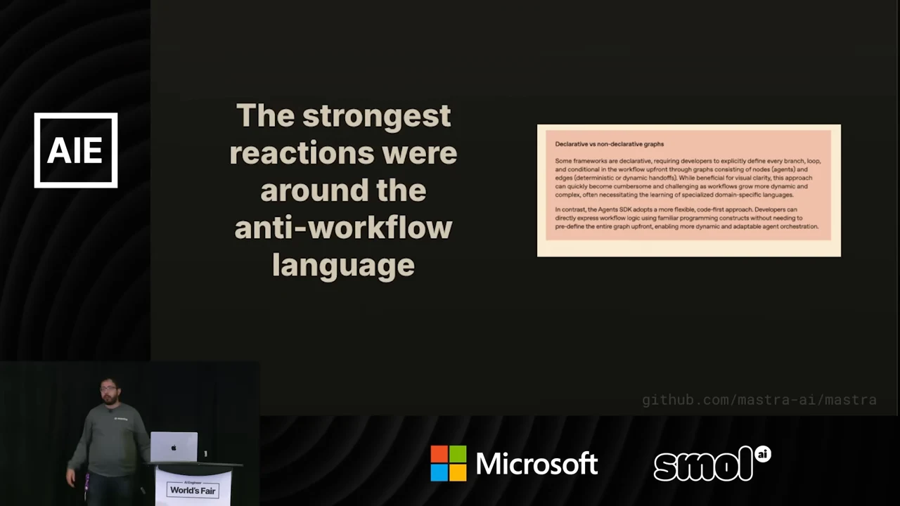 Slide stating that the strongest reactions were around anti-workflow language, beside a highlighted excerpt headed “Declarative vs non-declarative graphs.”