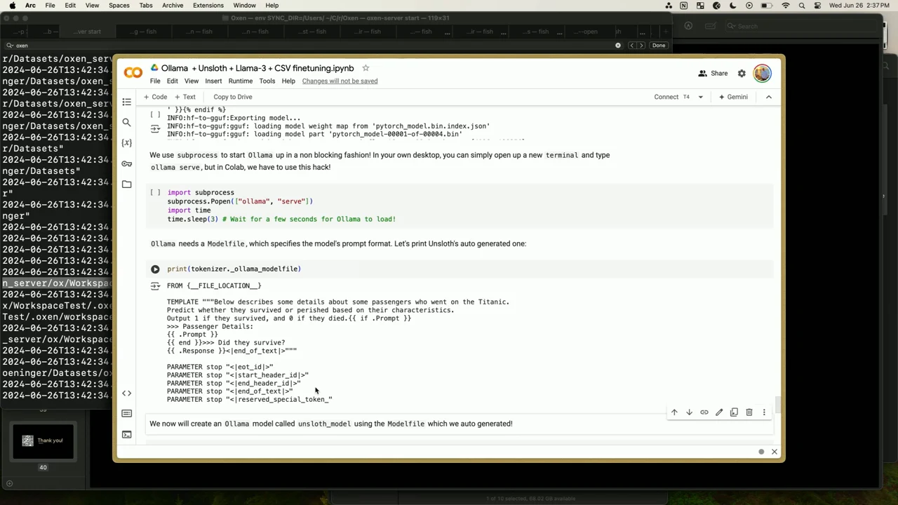 Notebook showing code to start Ollama and printed Modelfile text containing a prompt template and stop parameters.