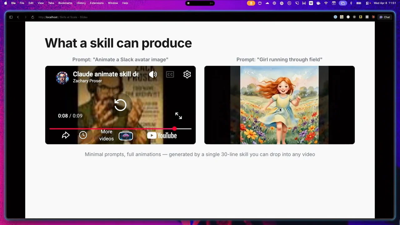 “What a skill can produce” slide with two embedded videos: an avatar clip at its replay screen and a visible animated girl in a colorful field.